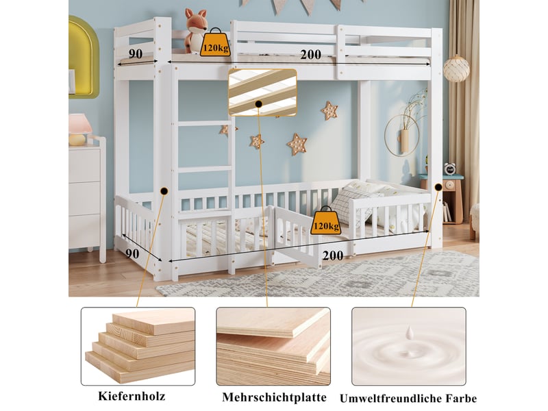  Lit enfant superposé, pin et lvl blanc, 90x200cm, escalier perpendiculaire, garde-corps, porte et coin libre  - Conforama E