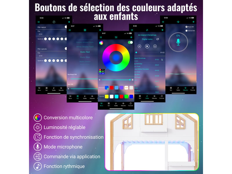 Lit superposé maison 90x200 cm avec éclairage led, escalier de rangement et fenêtre, blanc et naturel - Conforama E