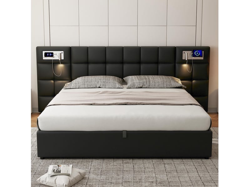  Lit coffre tcqpz 180 x 200 cm avec usb, recharge sans fil, lampe intégrée, rangement, pu noir  - Conforama E