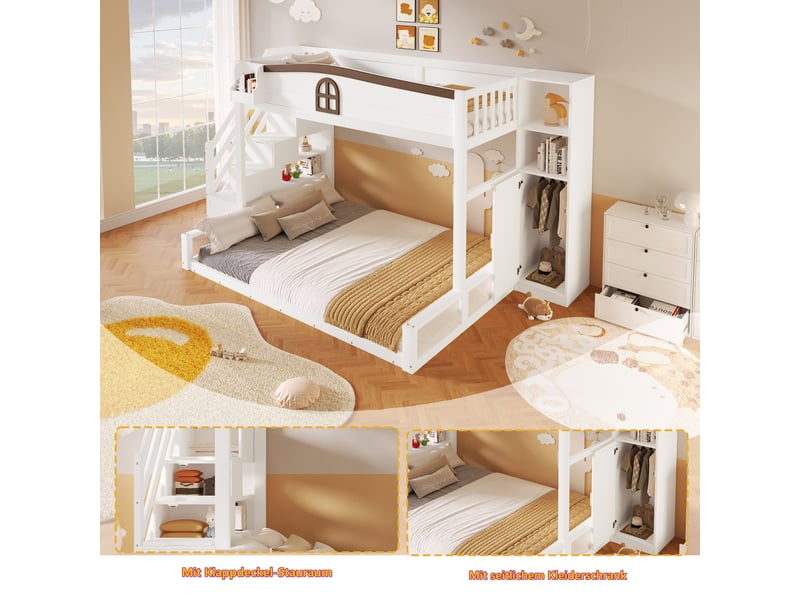  Lit superposé enfant 90x200-140x200 cm avec escalier rangement, armoire intégrée, fenêtre décorative et espaces de rangement - blanc  - Conforama D