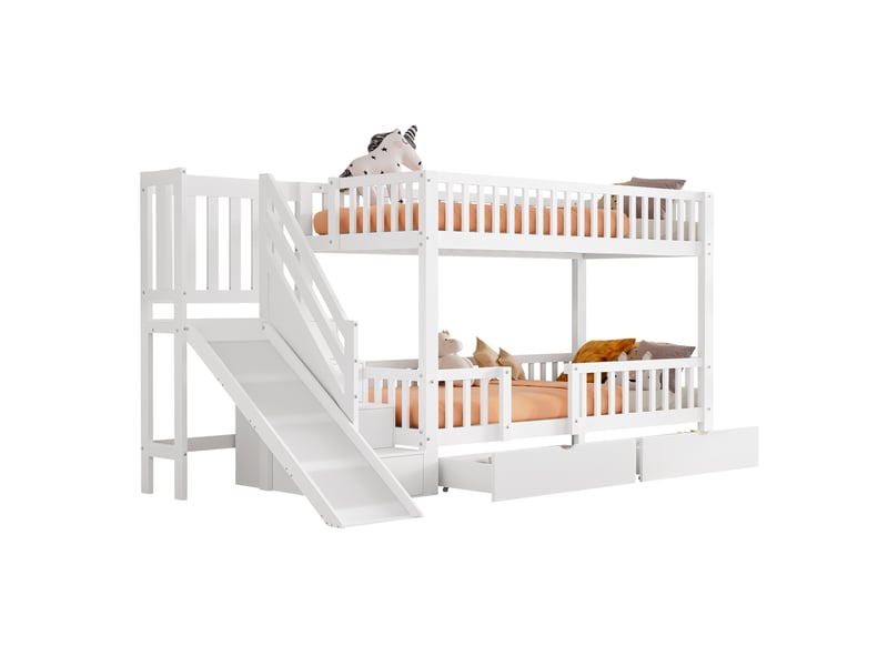  Lit superposé enfant blanc en bois massif 90 x 200 cm avec toboggan, escalier et 2 tiroirs  - Conforama A