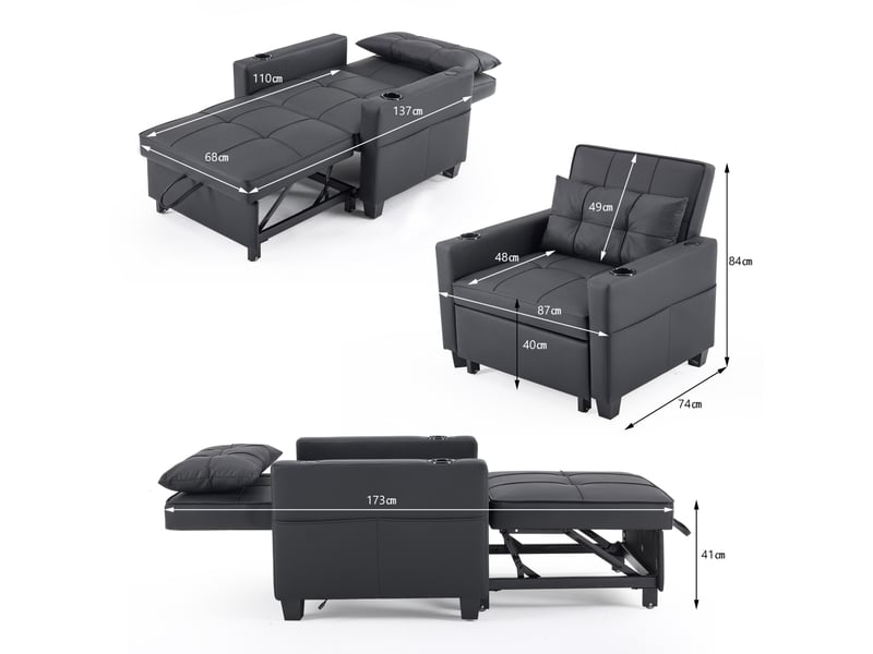  Fauteuil convertible 1 place noir en cuir régénéré, usb et porte-gobelets, idéal pour les petits espaces  - Conforama C