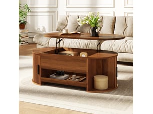 Table basse relevable 110x55 cm – noyer – rangement caché, portes coulissantes et plateau coulissant