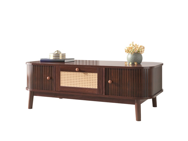  Table basse 110x55x38,5 cm, grand rangement, détails rotin, porte coulissante, design moderne pour salon et séjour - naturel  - Conforama A