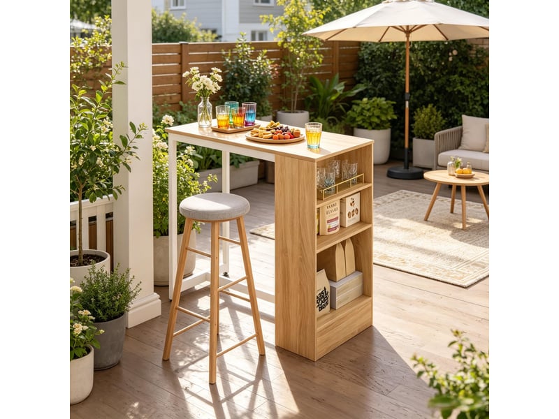 Table de bar avec étagères de rangement pour cuisine en panneaux de particules et métal 91×49×91 cm blanc chêne clair  - Conforama C