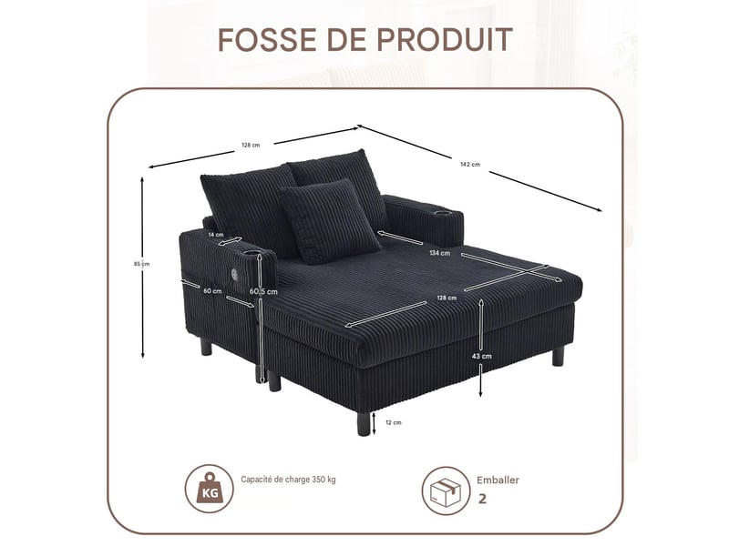  Méridienne 1 place avec éclairage led, port usb et porte-gobelets noir  - Conforama C