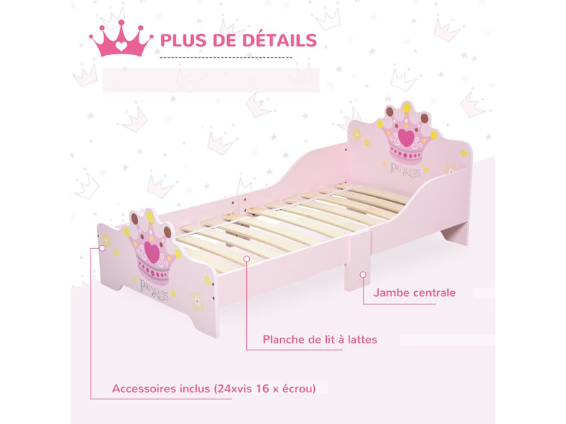  Lit enfant 140 x 70 cm - lit d'enfant design princesse motif couronne - mdf contre-plaqué rose - sommier à lattes inclus  - Conforama A