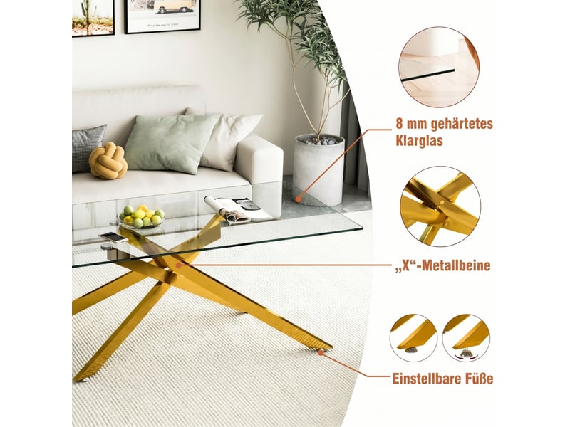  Table basse rectangulaire avec plateau en verre trempé et piètement croisé en métal doré pour salon 120 × 60 × 46 cm  - Conforama E