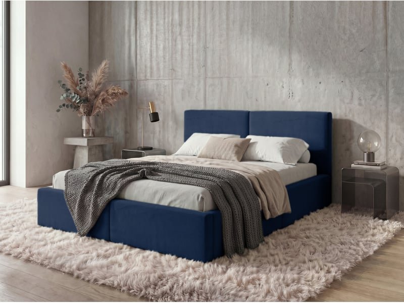  Lit coffre rembourré 160x200 2 places avec sommier relevable gratuit inclus et tête de lit - lit adulte avec rangement – bleu Hilton Interbeds - Conforama C