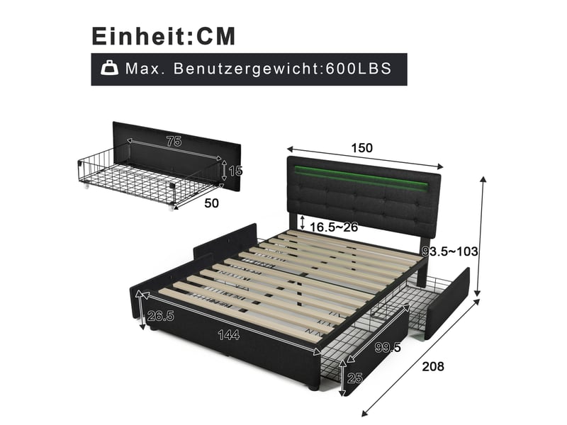  Lit double rembourré 140x200 cm noir avec sommier à lattes, led, tête réglable, 4 tiroirs  - Conforama C