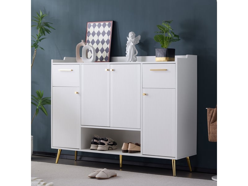 Meuble à chaussures 130x37x100 cm avec 2 tiroirs et 4 portes, moderne, design simple, panneau de particules, blanc - Conforama W