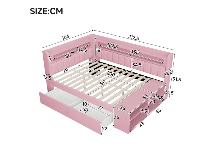  Lit simple 90x200 cm avec led et port usb, 2 tiroirs en mdf, contreplaqué et lin rose  - Conforama E