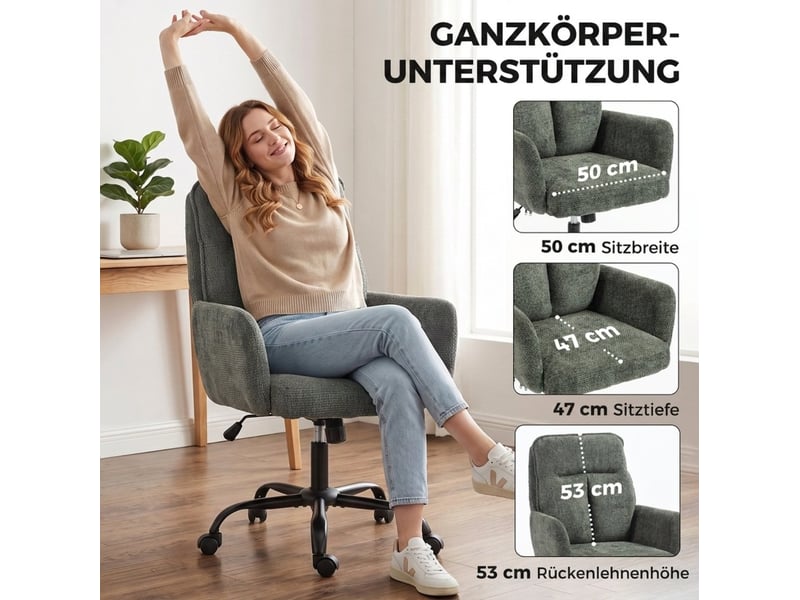 Chaise de bureau pivotante à assise large, réglable en hauteur et basculante, en tissu aspect lin vert foncé - Conforama D