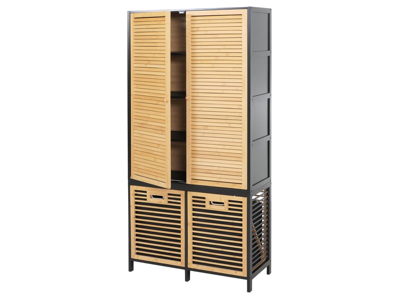  Armoire de salle de bains en bambou hwc-n83, étagère de salle de bains, 2 paniers à linge, portes mvg 168 x 82 x 34 cm - naturel-noir, panier anthracite  - Conforama A