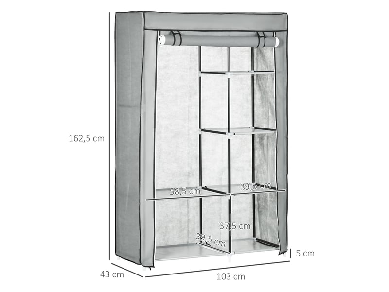  Armoire de rangement en tissu grise 103 x 43 x 162,5 cm, 6 étagères et penderie  - Conforama C