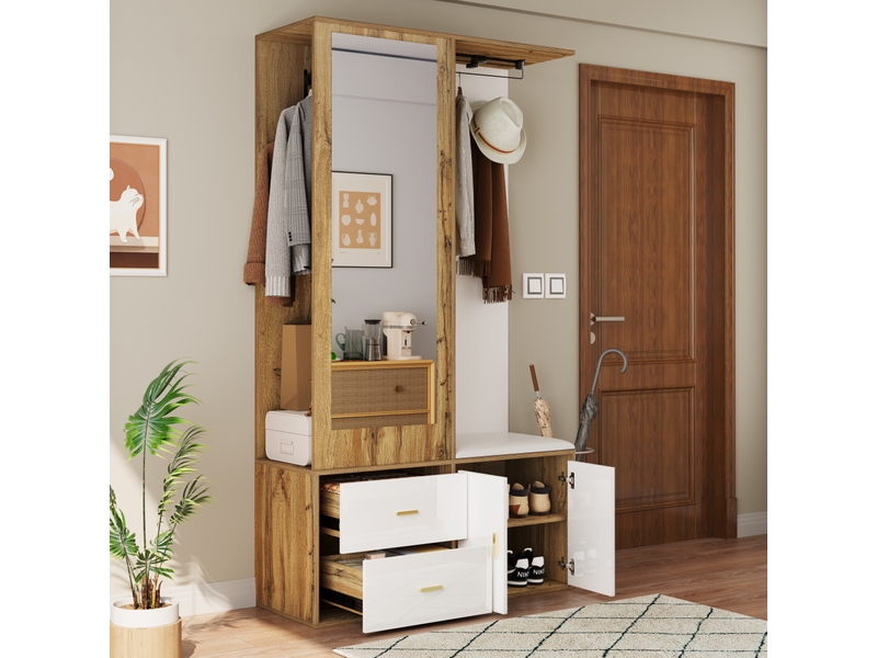  Ensemble vestiaire d’entrée ulevr avec rangement, miroir, banc à chaussures et penderie extensible 100 x 38 x 180 cm blanc et bois naturel  - Conforama B