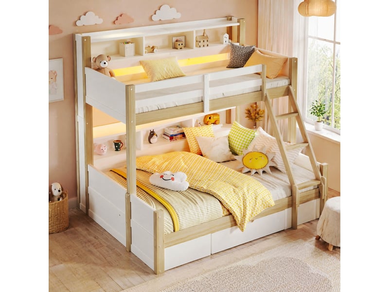  Lit superposé 3 places 90×200 cm et 140×200 cm, led, rangements et tiroir - okmyhome- blanc naturel, sans matelas  - Conforama C