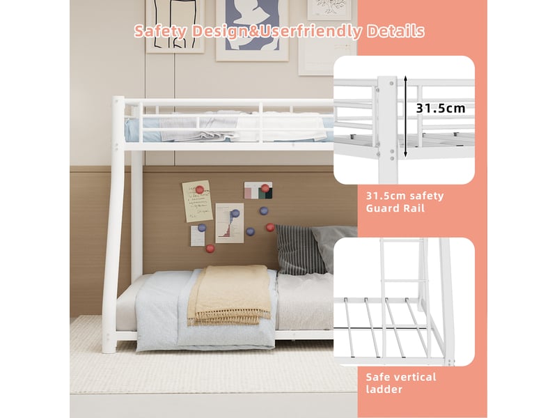 Lit superposé 3 places 90×190 cm et 140×190 cm - okmyhome- échelle et barrières, sans matelas, métal blanc  - Conforama E