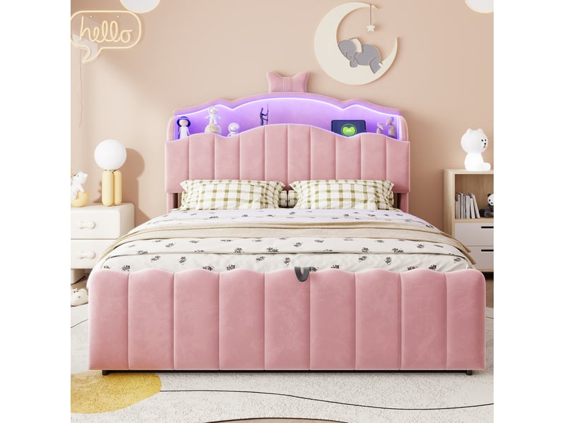 Lit enfant coffre 140 x 200 cm rose en velours avec led, usb et usb-c intégrés  - Conforama D