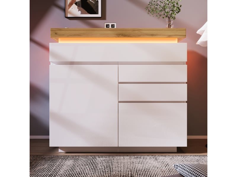  Buffet haut 110x39x115 cm avec 2 portes, 3 tiroirs et éclairage led, meuble de rangement en mdf et panneaux de particules - blanc  - Conforama D