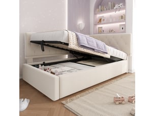 Lit banquette coffre 90 x 190 cm en velours beige sans matelas