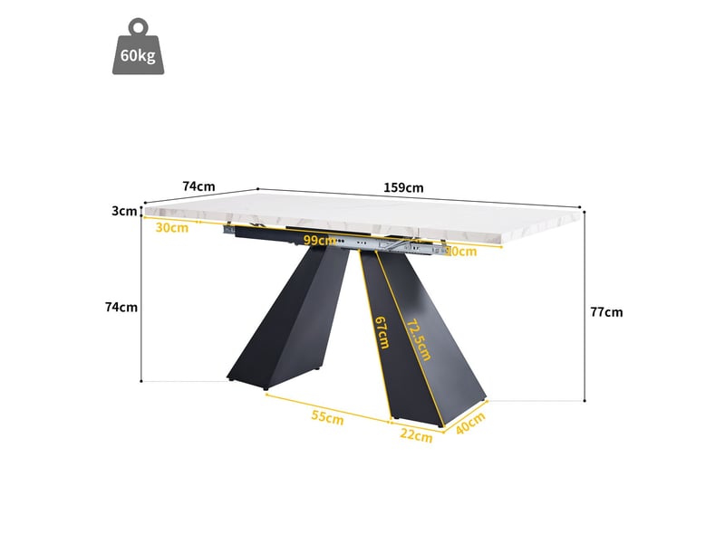  Table de cuisine 160x80, plateau laqué blanc élégant table à manger, système télescopique extensible, structure métal robuste  - Conforama C