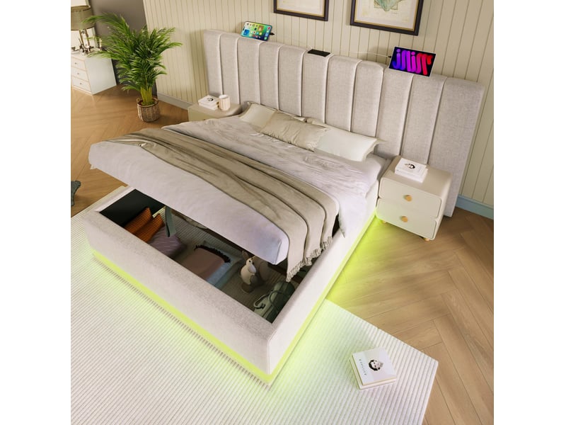 Lit double coffre 180 x 200 cm beige avec led, usb-c et matelas - Conforama C