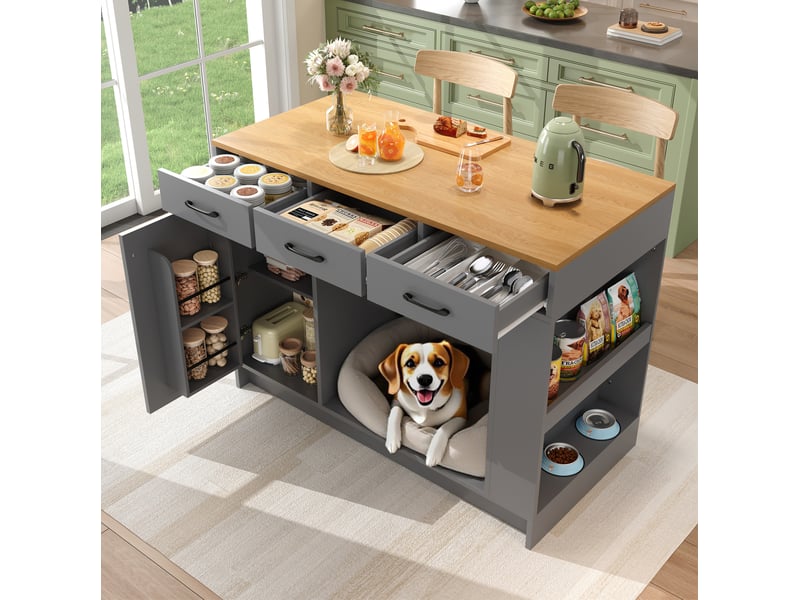  Îlot de cuisine 120x60x90 cm avec 3 tiroirs, rangement réglable, mdf, naturel et gris  - Conforama D