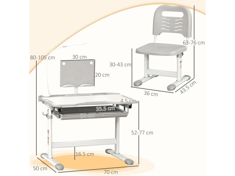  Bureau d'écolier avec chaise pour enfants de 6 à 12 ans, hauteur et inclinaison réglables, gris  - Conforama D