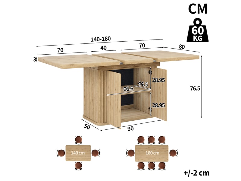  Table de salle à manger extensible avec rangement caché et plateau rabattable, décor bois clair 140 × 80 × 76,5 cm  - Conforama C
