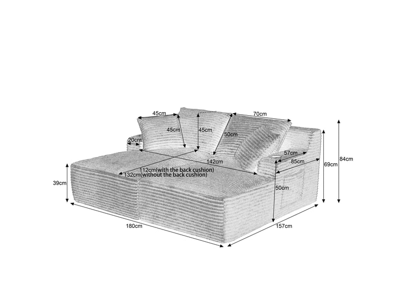  Canapé 2 places convertible en double méridienne, assise à ressorts, porte-gobelets, velours côtelé, beige OMNIGLINT TRADING LTD - Conforama C