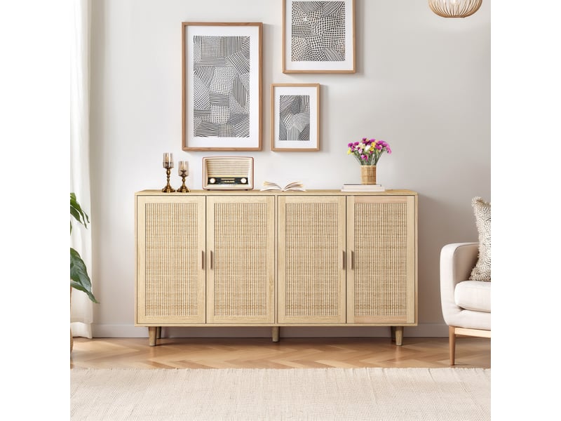  Buffet de rangement en cannage de rotin 158 cm naturel, 4 portes, tablette réglable sur 3 hauteurs, poignées et pieds en bois massif  - Conforama E