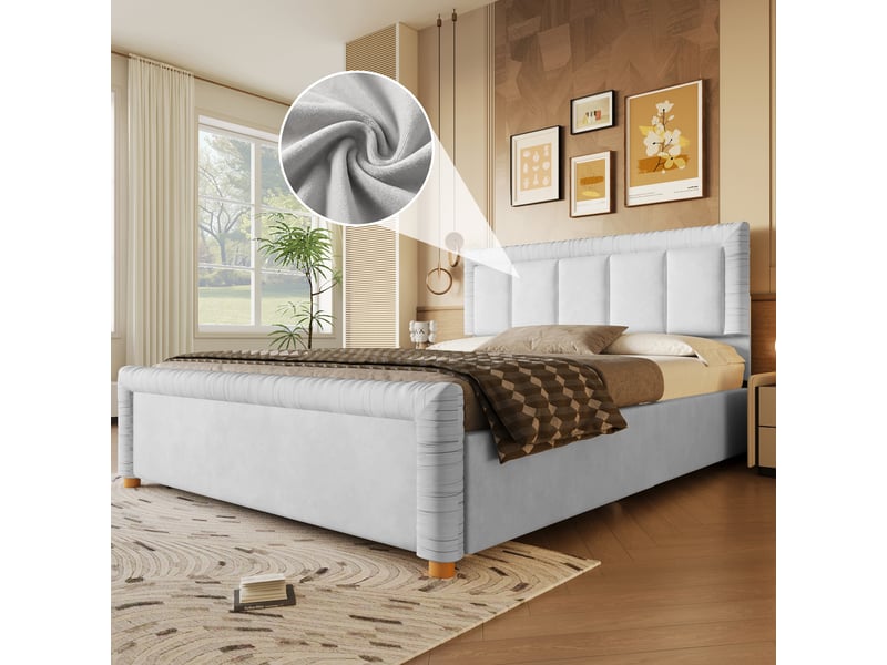  Lit 140 x 200 cm gris, velours français, deux tiroirs sous le lit et piètement bois élégant  - Conforama C