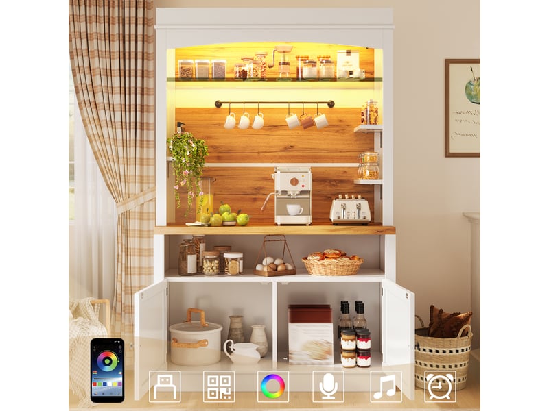  2pcs buffet haut de cuisine-armoire haute led étagère verre 6 crochets-apprangement fermé-étagères réglables mdf-107x34x184cm-blanc  - Conforama B