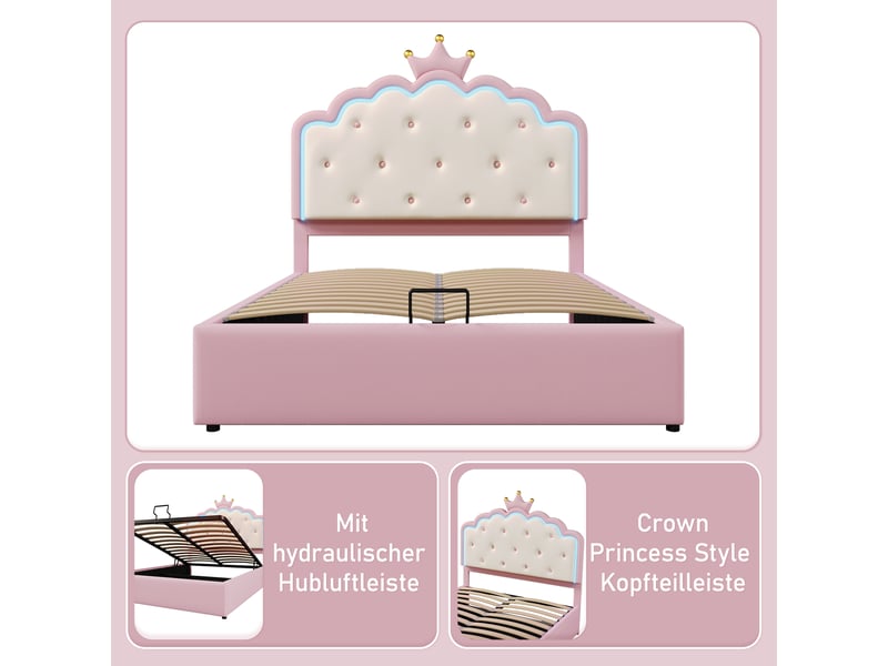  Lit enfant 2 places 140×200 cm, coffre hydraulique et led réglable  - sans matelas, pu - rose  - Conforama E