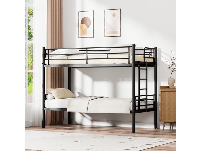 Lit superposé enfant 90x200 cm métal noir séparable avec sommier à lattes et échelle anti-dérapante - Conforama D
