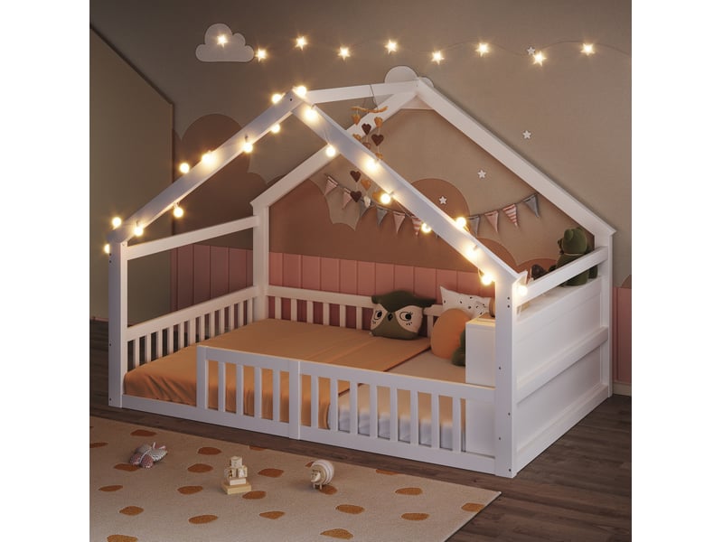Lit cabane 140x190 cm blanc avec barrières, étagères et perles led - Conforama D