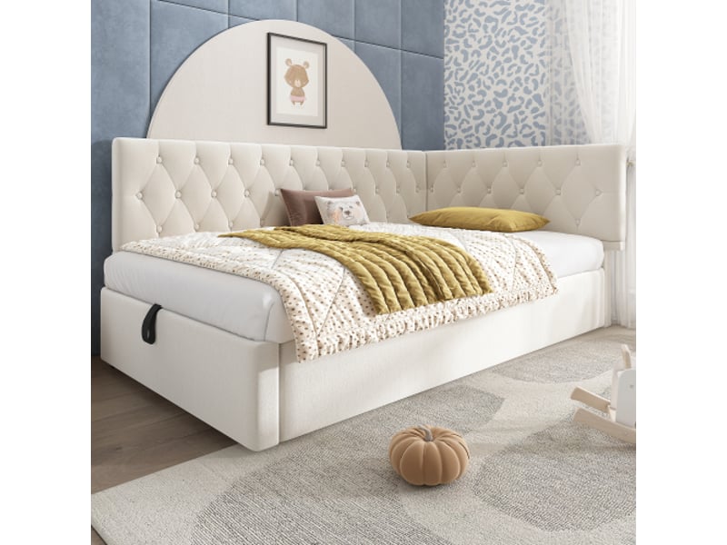 Lit enfant 90x190 cm, canapé avec rangement hydraulique, cadre de lit avec sommier à lattes en bois, sans matelas, velours, beige  - Conforama B