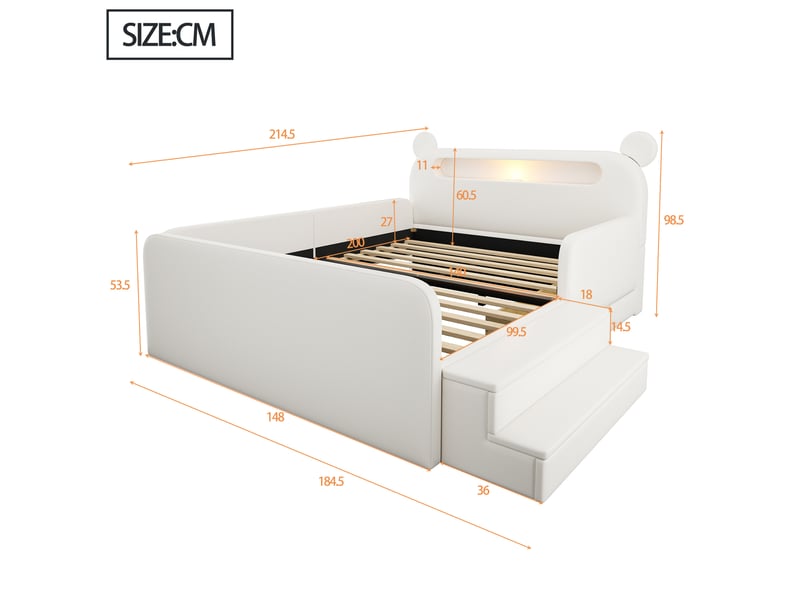  Lit enfant 140x200 cm tête de lit ours veilleuse usb rangement polyuréthane (pu) blanc sans matelas  - Conforama E