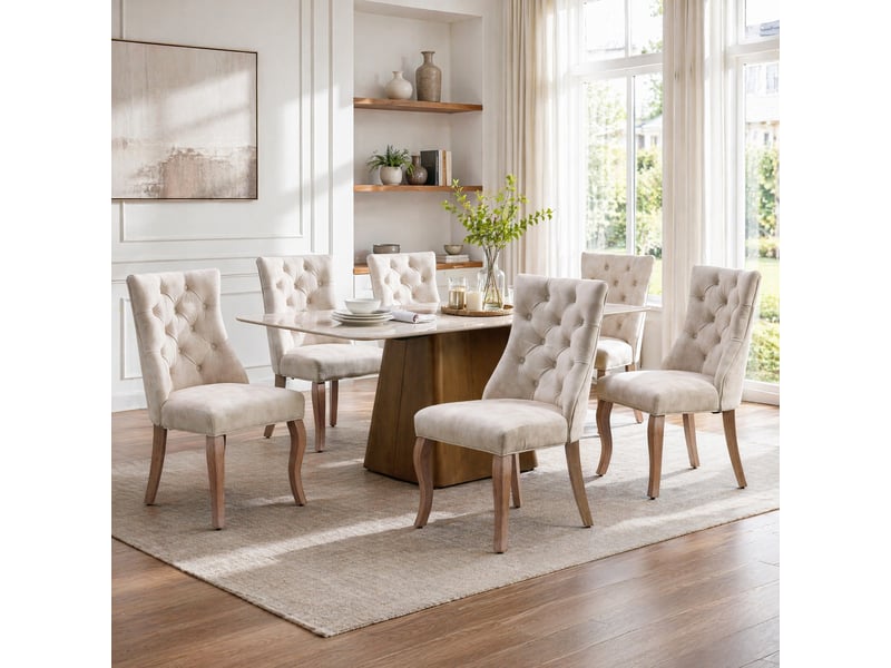  Chaise de salle à manger en velours beige clair, dossier haut capitonné, pieds en bois  - Conforama B