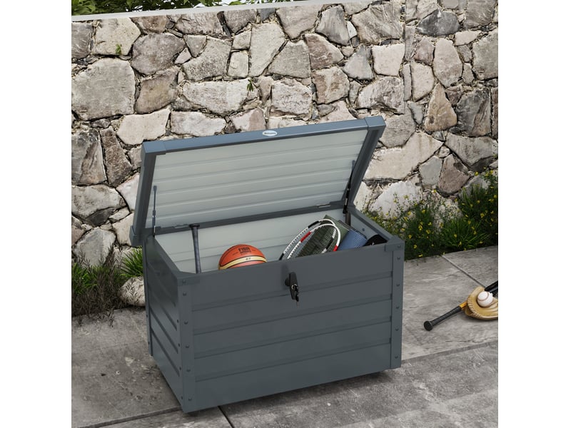  Coffre de rangement extérieur 295 l à structure en acier galvanisé gris, à roulettes et verrouillable  - Conforama B