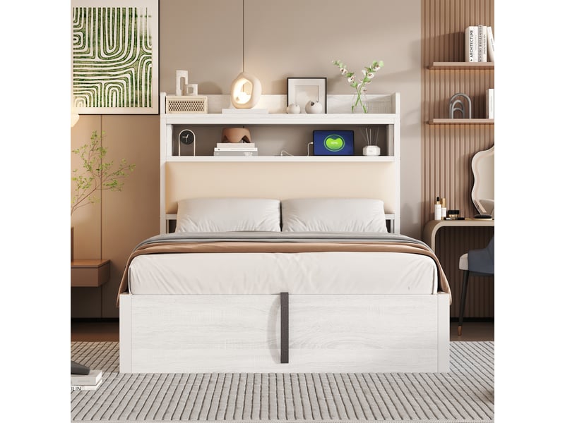  Lit simple 90 x 200, cadre bois et métal blanc, relevage hydraulique, usb et tête capitonnée  - Conforama E