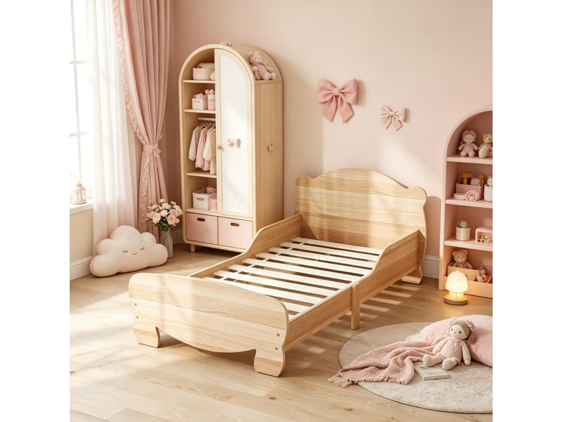 Lit enfant 70x140 cm avec barrières latérales et motif ours en mdf, coloris bois naturel - Conforama C
