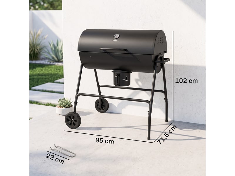  Barbecue au charbon avec couvercle, thermomètre et roues, 95 x 71,5 x 102 cm  - Conforama E