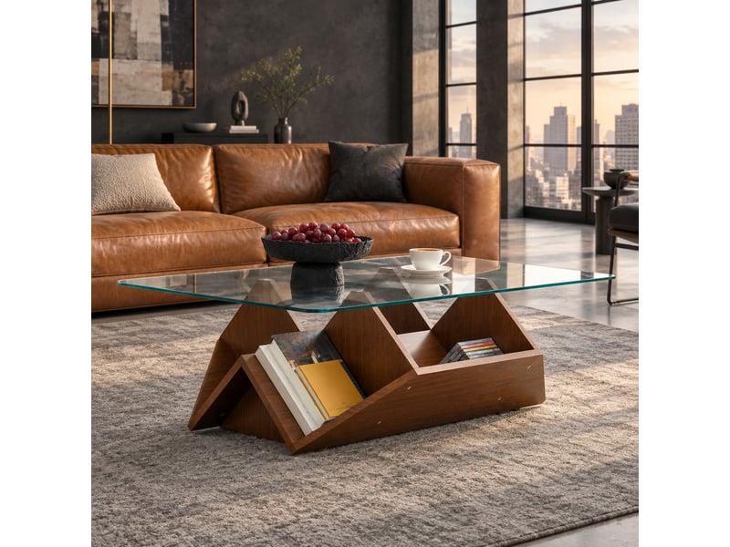  Table basse en mdf finition noyer et verre trempé transparent - 103 x 63 x 33,5 cm  - Conforama B