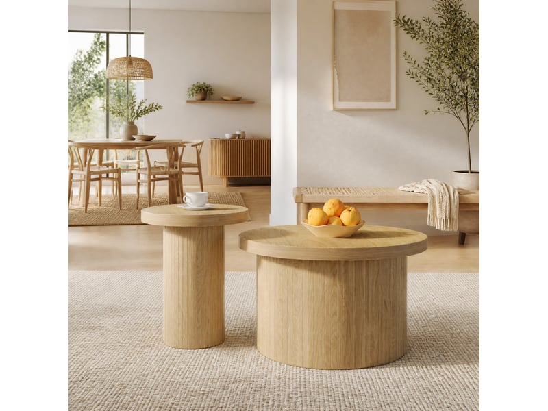  Tables basses gigognes rondes avec structure à lattes et design modulable pour salon, en mdf, couleur naturelle  - Conforama B