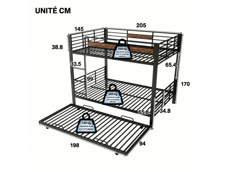  Lit superposé 140x200 avec lit gigogne, métal noir, barrière et échelle  - Conforama C