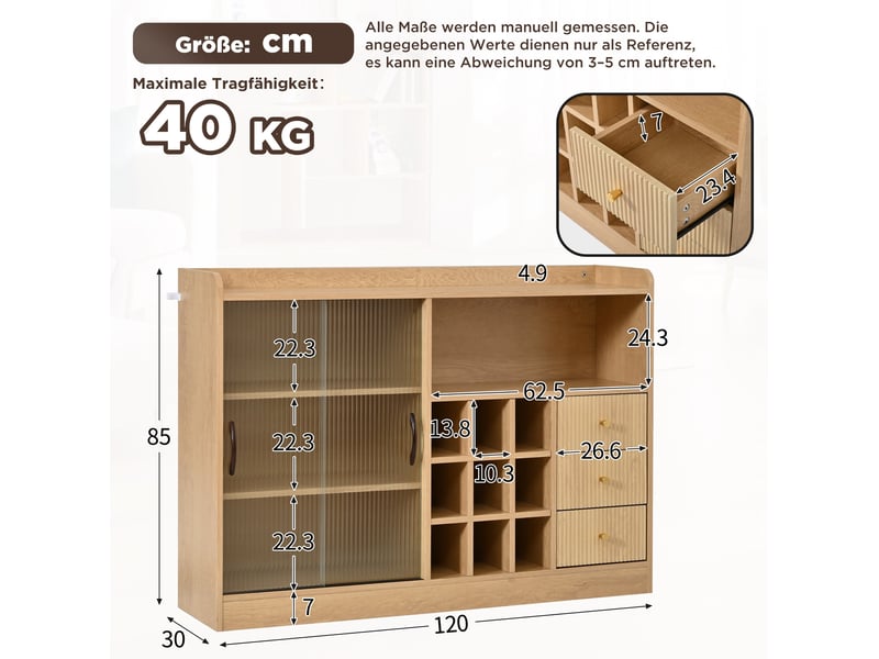 Buffet vintage avec 2 portes coulissantes, 3 tiroirs, casier à bouteilles et led pour salle à manger 120 × 30 × 85 cm  - Conforama C