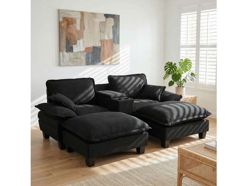 Canapé modulable modenvie 4 places avec rangements dissimulés, ports usb et porte-gobelets, 2 poufs, 2 coussins, tissu chenille noir, 224 x 155 x 90 cm - Conforama E