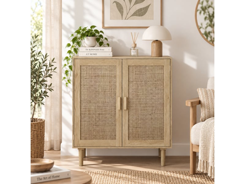 Buffet bas 80x40x88 cm naturel, 2 portes en rotin, poignées bois massif, meuble de rangement salon entrée  - Conforama B